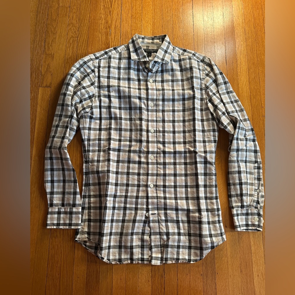 Banana Republic Tan & Cream Plaid Linen & Cotton Tailored Slim Fit Button-Up, S